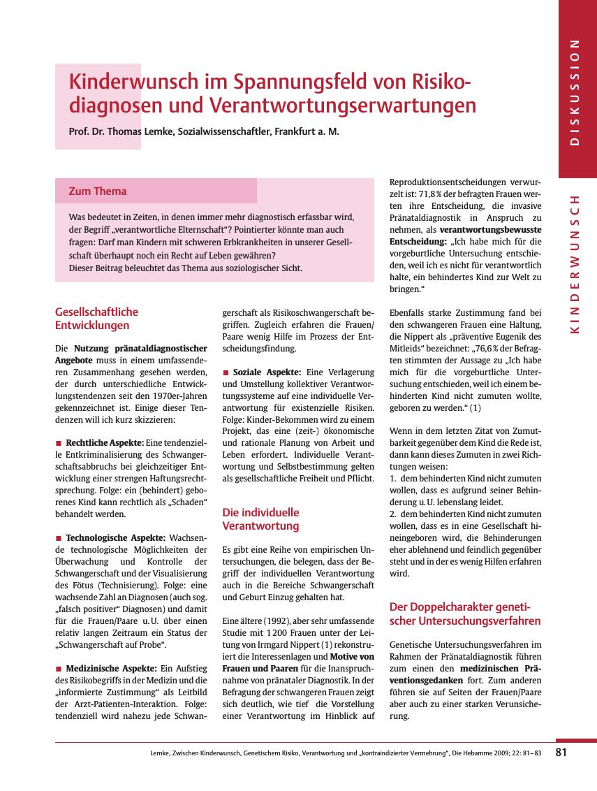 Vorschauseite 1: Kinderwunsch im Spannungsfeld von Risikodiagnosen und Verantwortungserwartungen