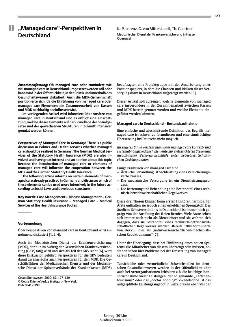 Vorschauseite 1: ? Managed care? -Perspektiven in Deutschland