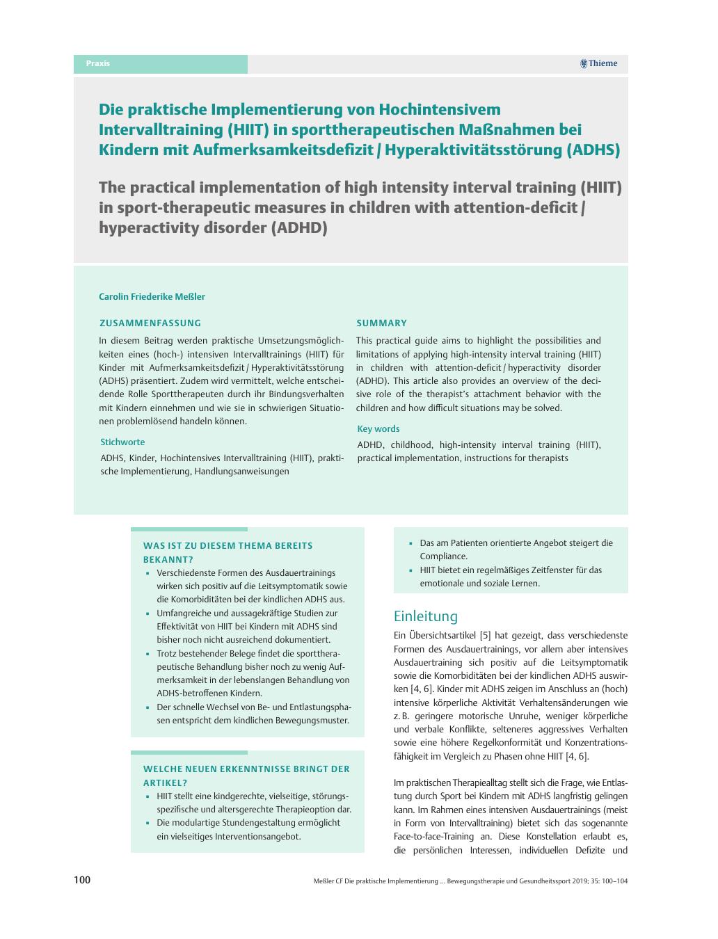 Vorschauseite 1: Die praktische Implementierung von Hochintensivem Intervalltraining (HIIT) in sporttherapeutischen Maßnahmen bei Kindern mit Aufmerksamkeitsdefizit / Hyperaktivitätsstörung (ADHS)