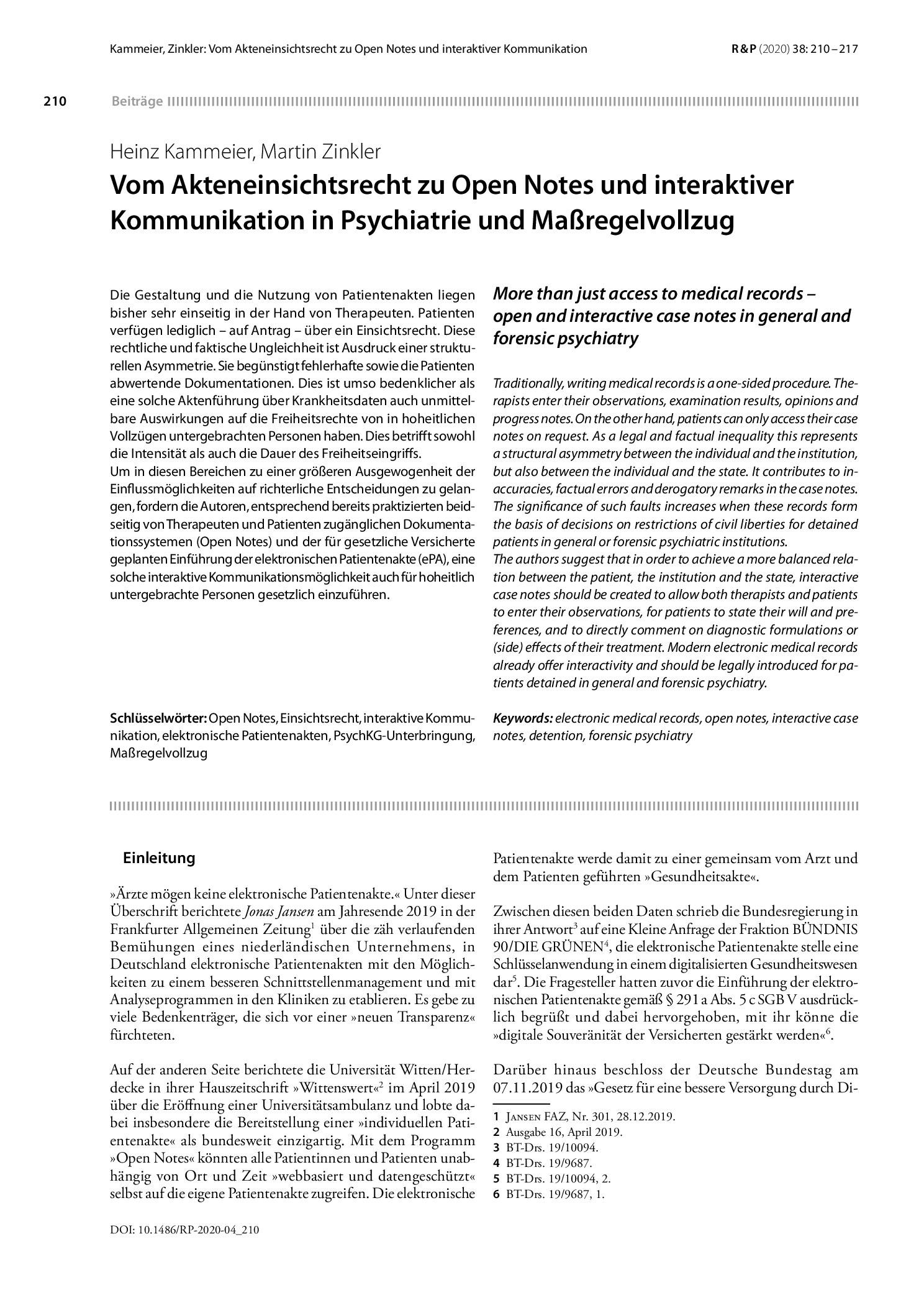Vorschauseite 1: Vom Akteneinsichtsrecht zu Open Notes und interaktiver Kommunikation in Psychiatrie und Maßregelvollzug