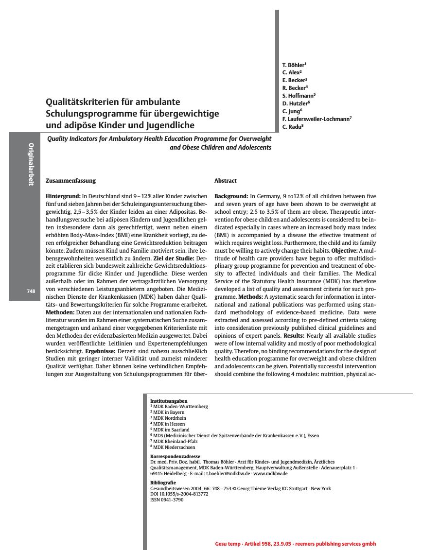 Vorschauseite 1: Qualitätskriterien für ambulante Schulungsprogramme für übergewichtige und adipöse Kinder und Jugendliche