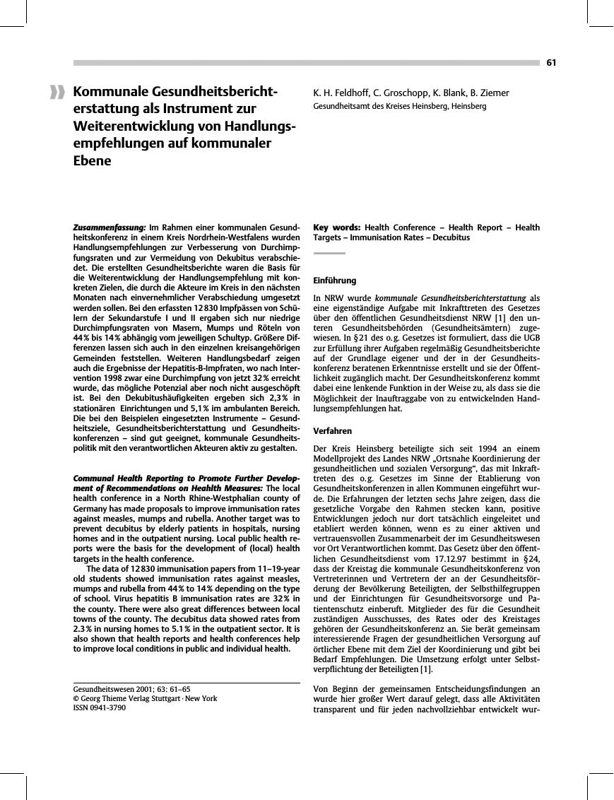 Vorschauseite 1: Kommunale Gesundheitsberichterstattung als Instrument zur Weiterentwicklung von Handlungsempfehlungen auf kommunaler Ebene