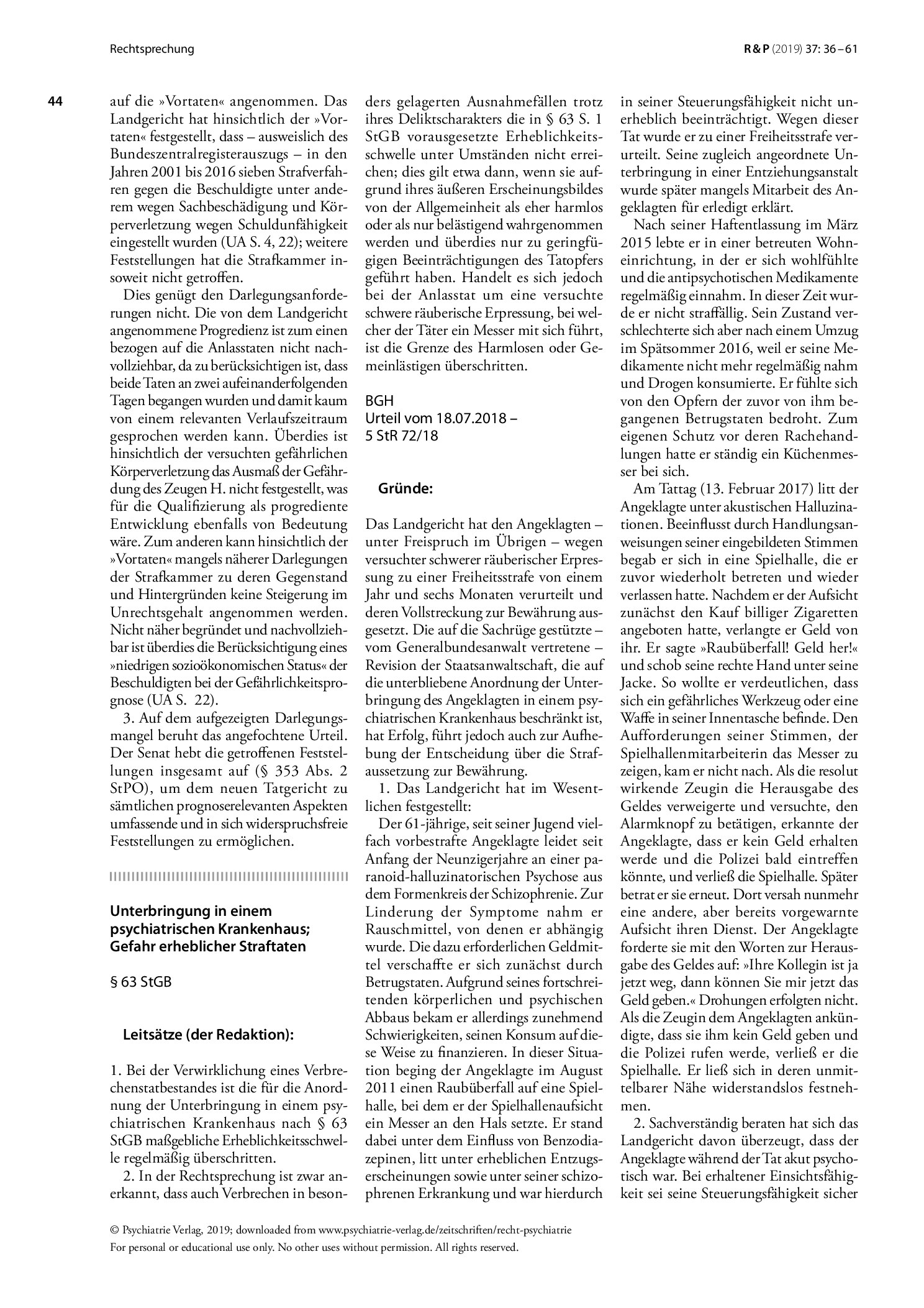 Vorschauseite 1: Unterbringung in einem psychiatrischen Krankenhaus; Gefahr erheblicher Straftaten;