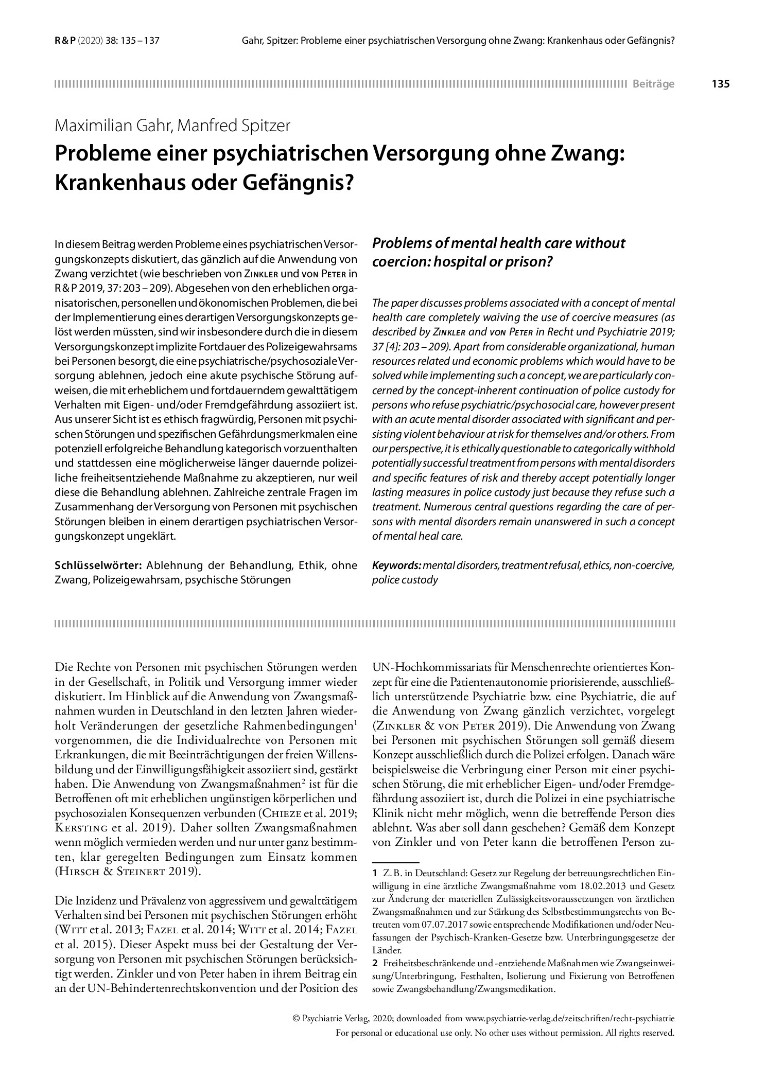 Vorschauseite 1: Probleme einer psychiatrischen Versorgung ohne Zwang: Krankenhaus oder Gefängnis?
