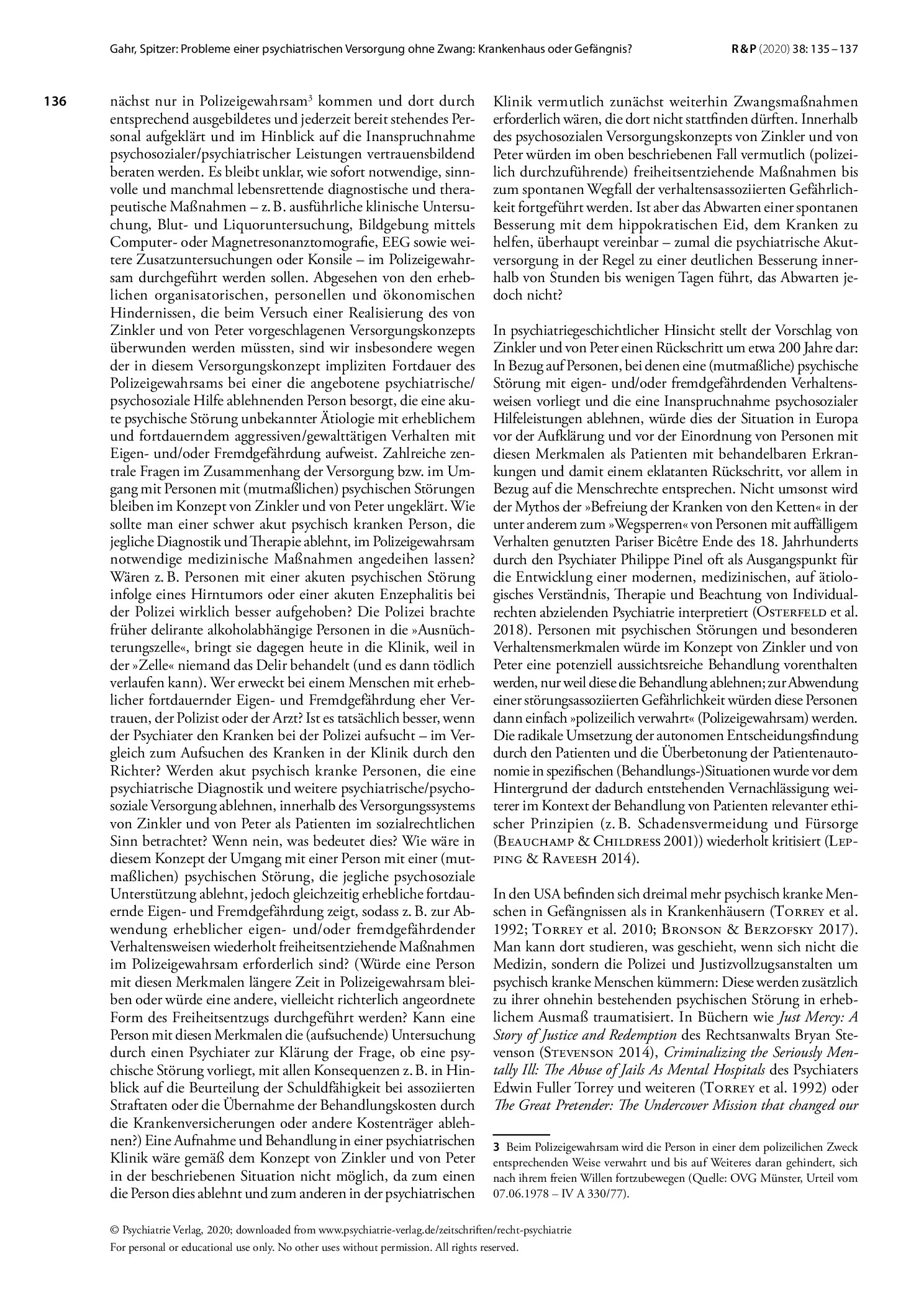 Vorschauseite 2: Probleme einer psychiatrischen Versorgung ohne Zwang: Krankenhaus oder Gefängnis?