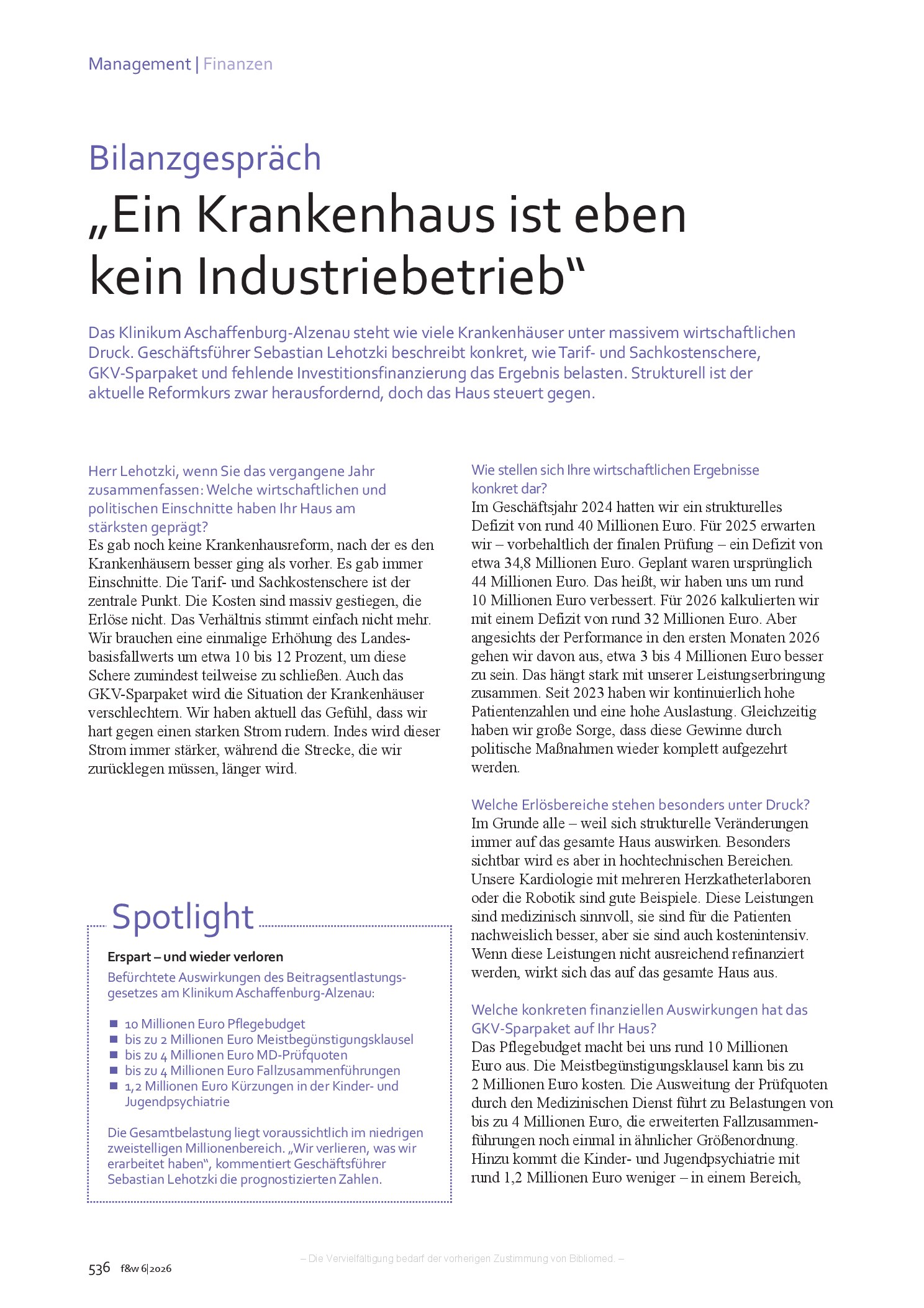 Vorschauseite 1: „Ein Krankenhaus ist eben kein Industriebetrieb“