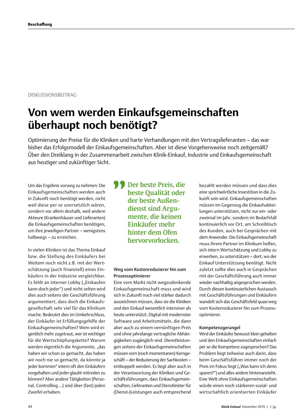 Vorschauseite 1: Diskussionsbeitrag: Von wem werden Einkaufsgemeinschaften überhaupt noch benötigt?