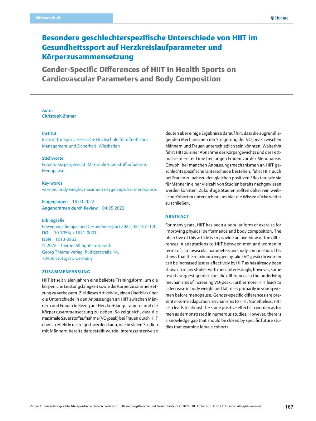 Vorschauseite 1: Besondere geschlechterspezifische Unterschiede von HIIT im Gesundheitssport auf Herzkreislaufparameter und Körperzusammensetzung