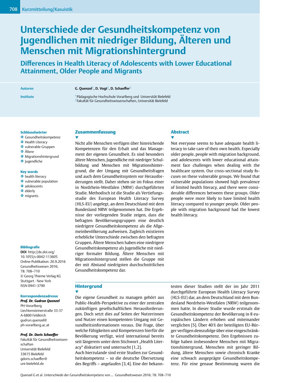 Vorschauseite 1: Unterschiede der Gesundheitskompetenz von Jugendlichen mit niedriger Bildung, Älteren und Menschen mit Migrationshintergrund