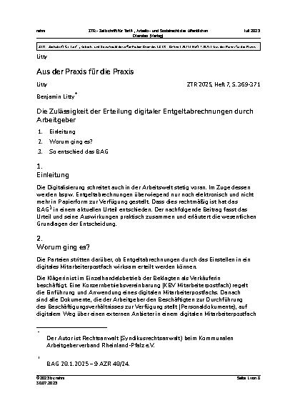 Vorschauseite 1: Die Zulässigkeit der Erteilung digitaler Entgeltabrechnungen durch Arbeitgeber