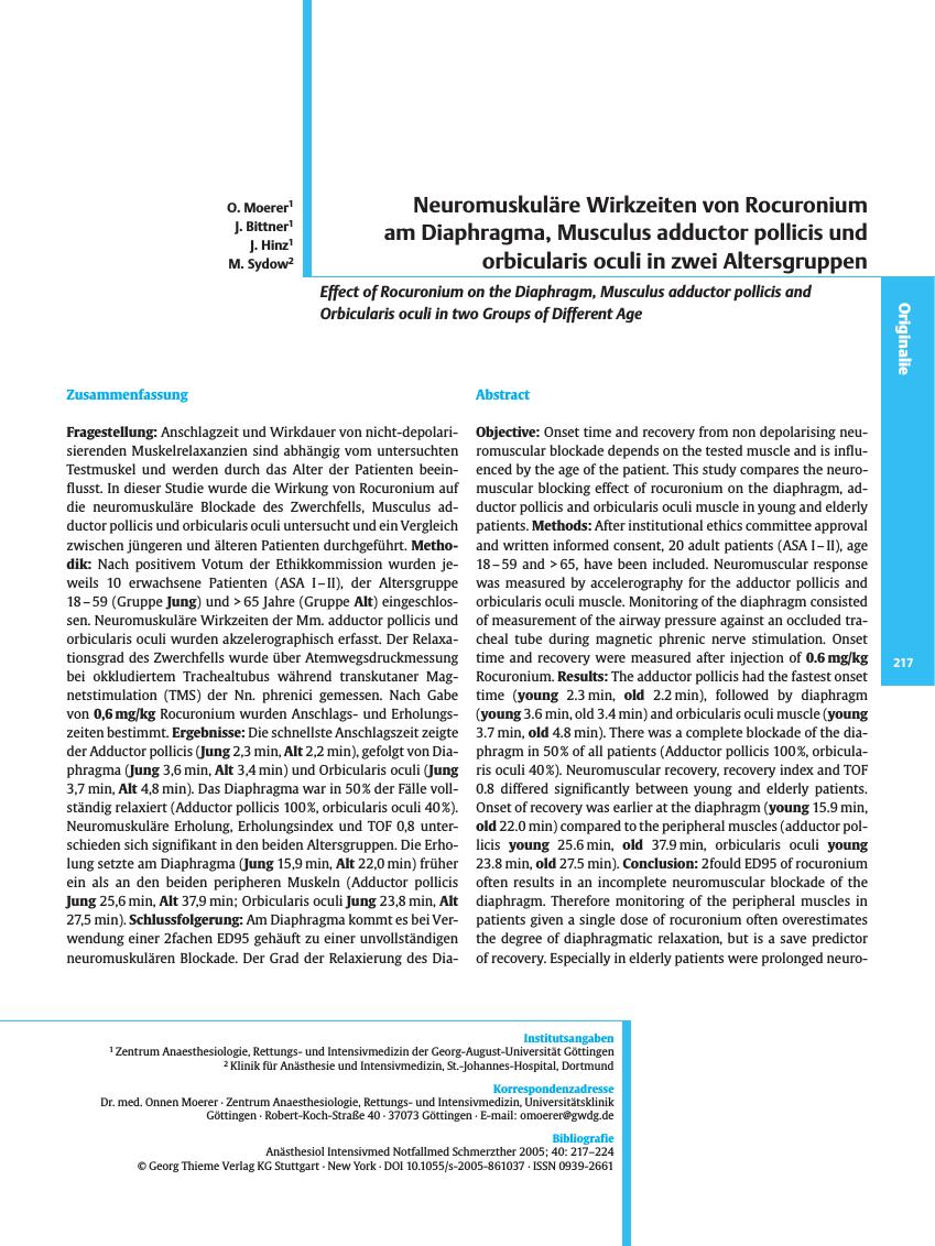 Vorschauseite 1: Neuromuskuläre Wirkzeiten von Rocuronium am Diaphragma, Musculus adductor pollicis und orbicularis oculi in zwei Altersgruppen