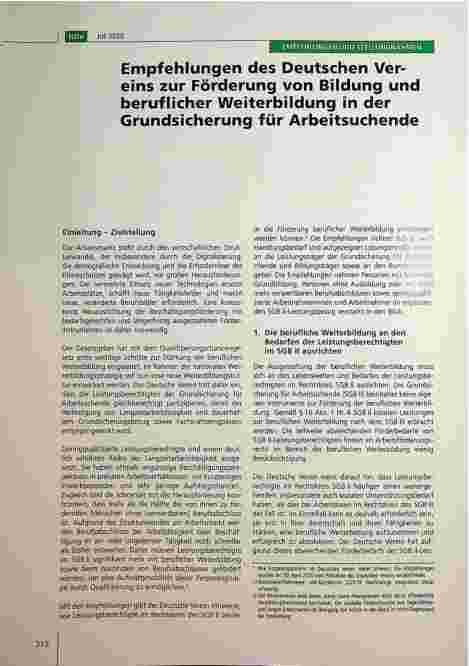 Vorschauseite 1: Empfehlungen des Deutschen Vereins zur Förderung von Bildung und beruflicher Weiterbildung in der Grundsicherung für Arbeitsuchende
