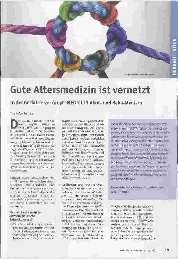Vorschauseite 1: Gute Altersmedizin ist vernetzt. In der Geriatrie verknüpft MEDICLIN Akutund Reha-Medizin.