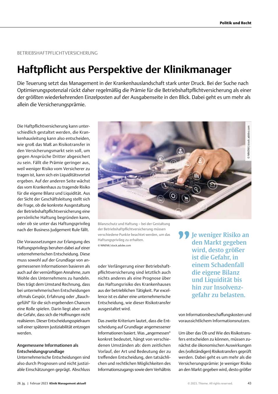 Vorschauseite 1: Betriebshaftpflichtversicherung: Haftpflicht aus Perspektive der Klinikmanager