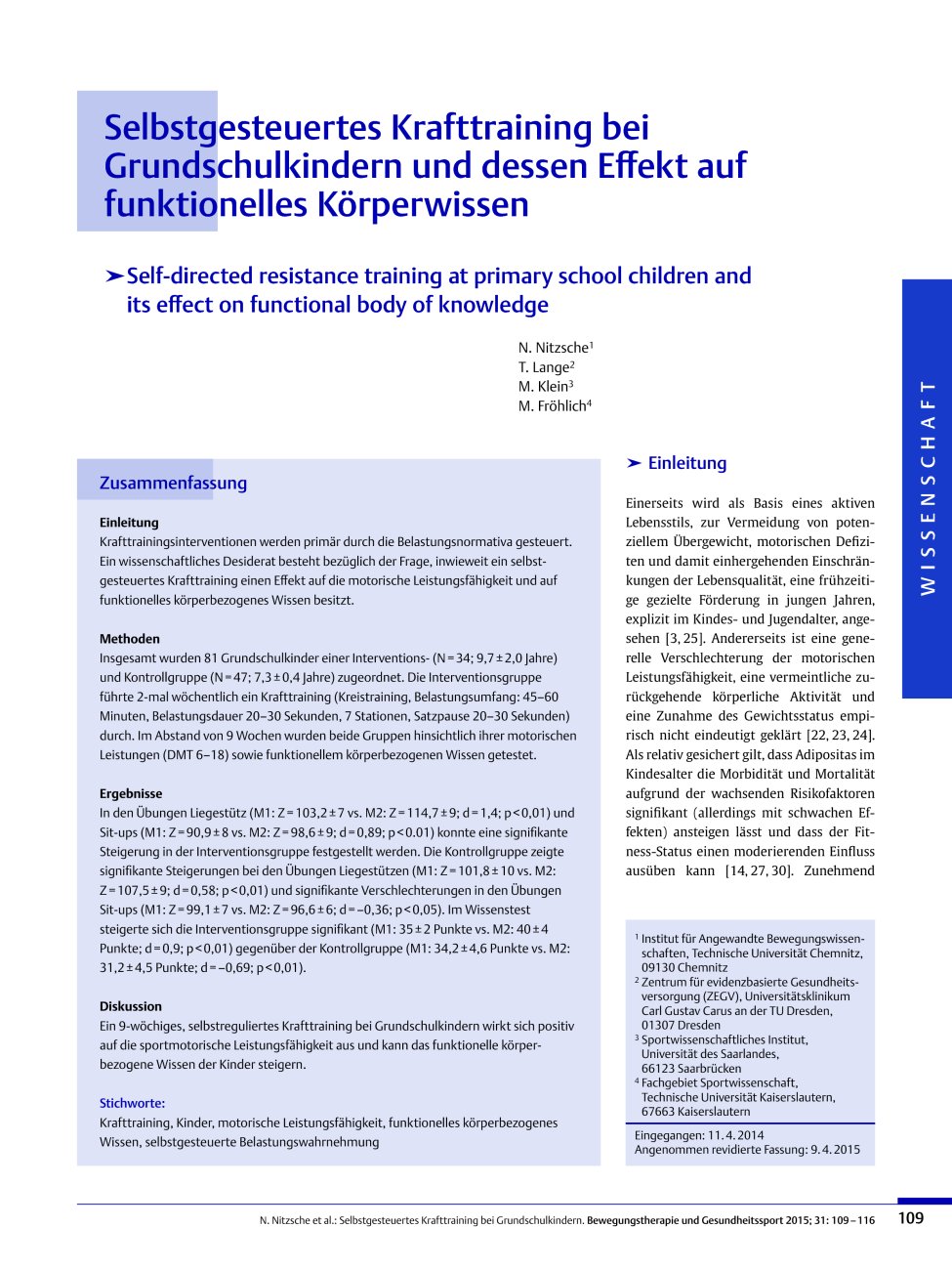 Vorschauseite 1: Selbstgesteuertes Krafttraining bei Grundschulkindern und dessen Effekt auf funktionelles Körperwissen
