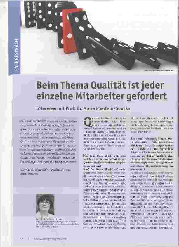 Vorschauseite 1: Beim Thema Qualität ist jeder einzelne Mitarbeiter gefordert. Interview mit Prof. Dr. Maria Eberlein-Gonska.