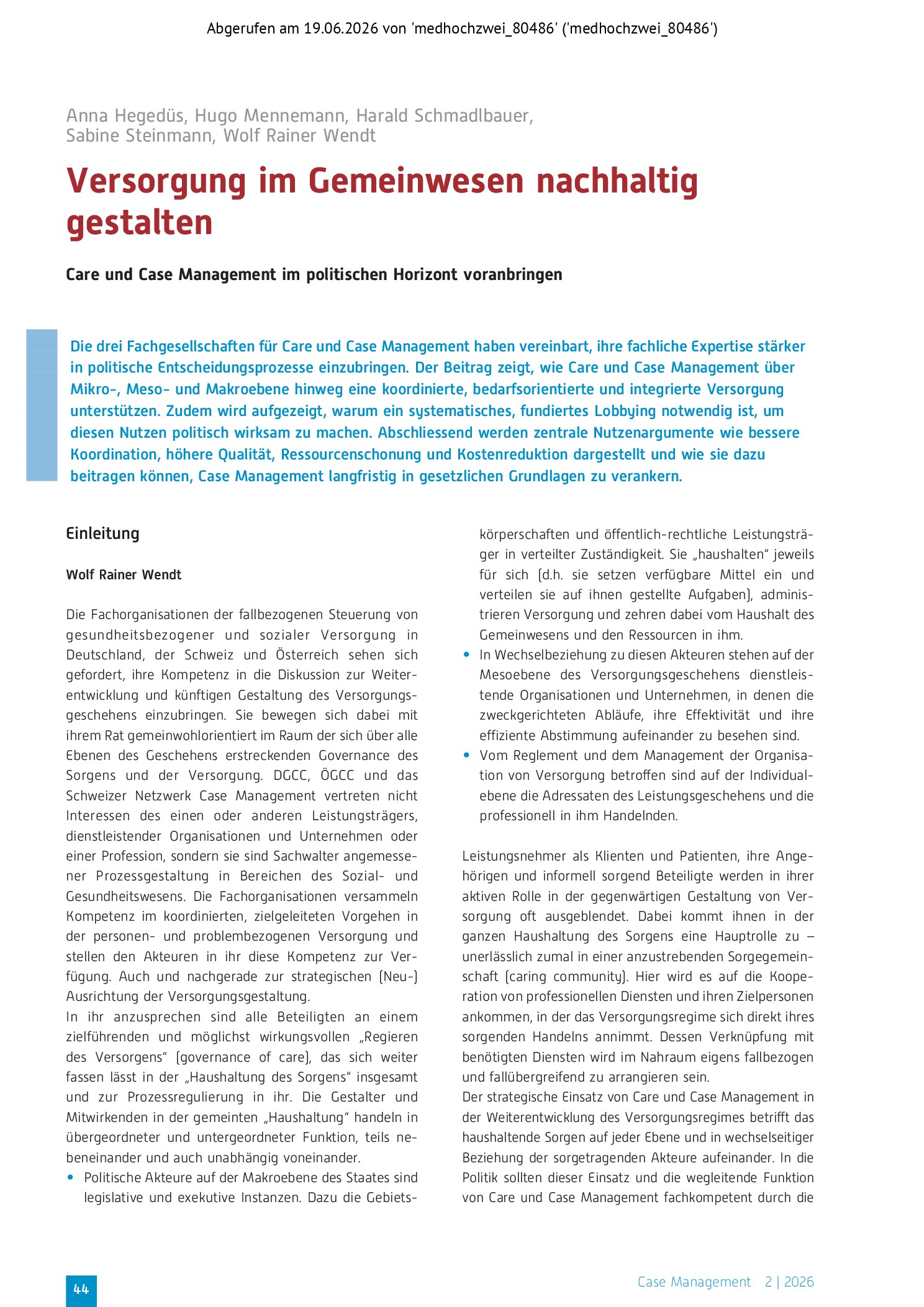 Vorschauseite 1: Versorgung im Gemeinwesen nachhaltig gestalten. Care und Case Management im politischen Horizont voranbringen