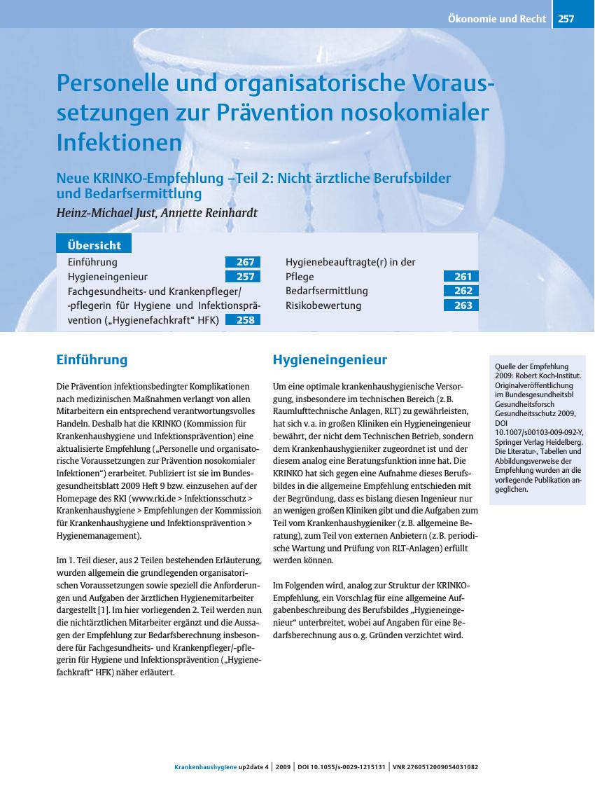 Vorschauseite 1: Personelle und organisatorische Voraussetzungen zur Prävention nosokomialer Infektionen. Neue KRINKO-Empfehlung –Teil 2: Nicht ärztliche Berufsbilder und Bedarfsermittlung
