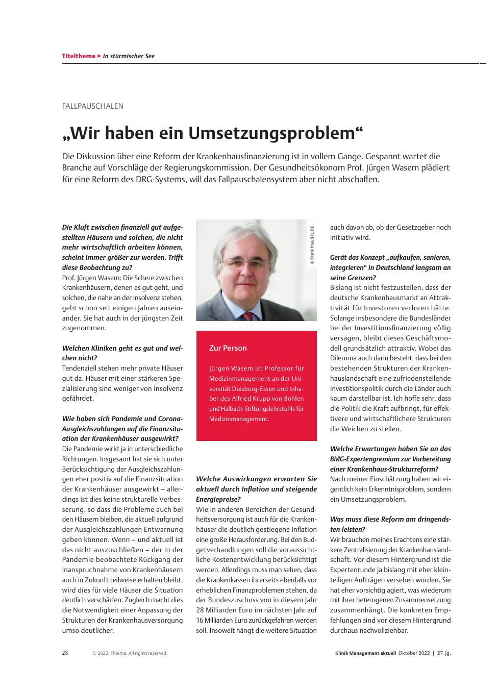 Vorschauseite 1: Fallpauschalen: „Wir haben ein Umsetzungsproblem“