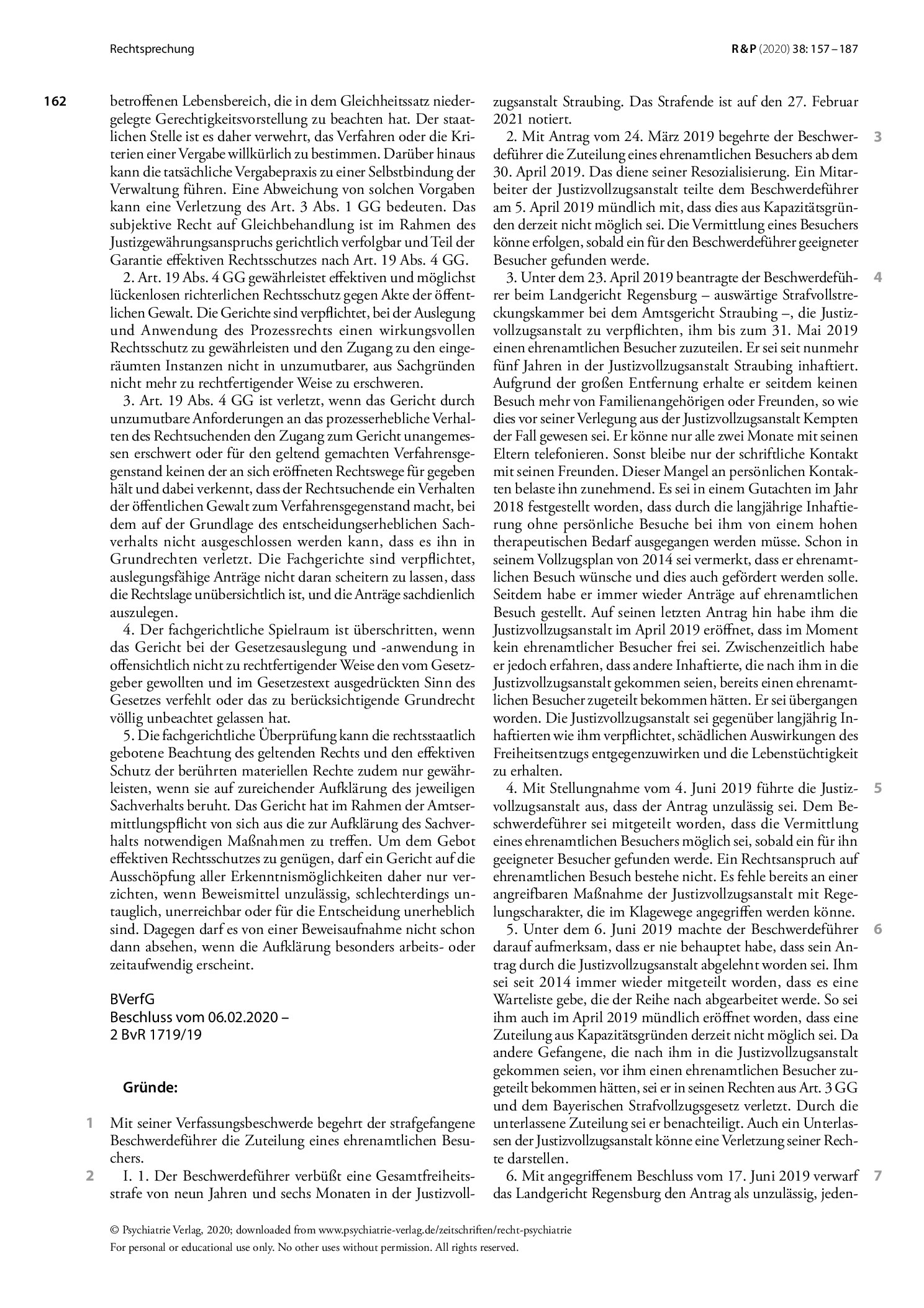 Vorschauseite 2: Unzureichende fachgerichtliche Sachaufklärung hinsichtlich der Vermittlung einer ehrenamtlichen Besuchsbetreuung im Rahmen des Justizvollzugs