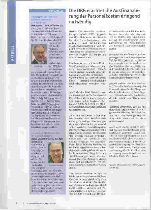 Vorschauseite 1: Die DKG erachtet die Ausfinanzierung der Personalkosten dringend notwendig.