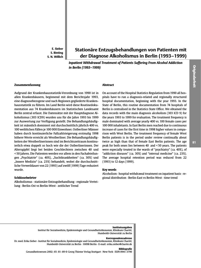 Vorschauseite 1: Stationäre Entzugsbehandlungen von Patienten mit der Diagnose Alkoholismus in Berlin (1993 - 1999)