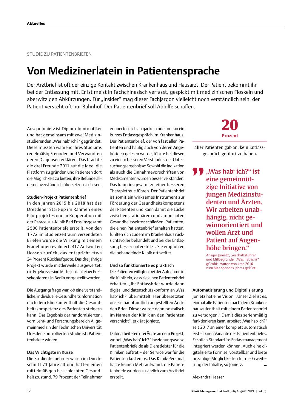 Vorschauseite 1: Studie zu Patientenbriefen: Von Medizinerlatein in Patientensprache