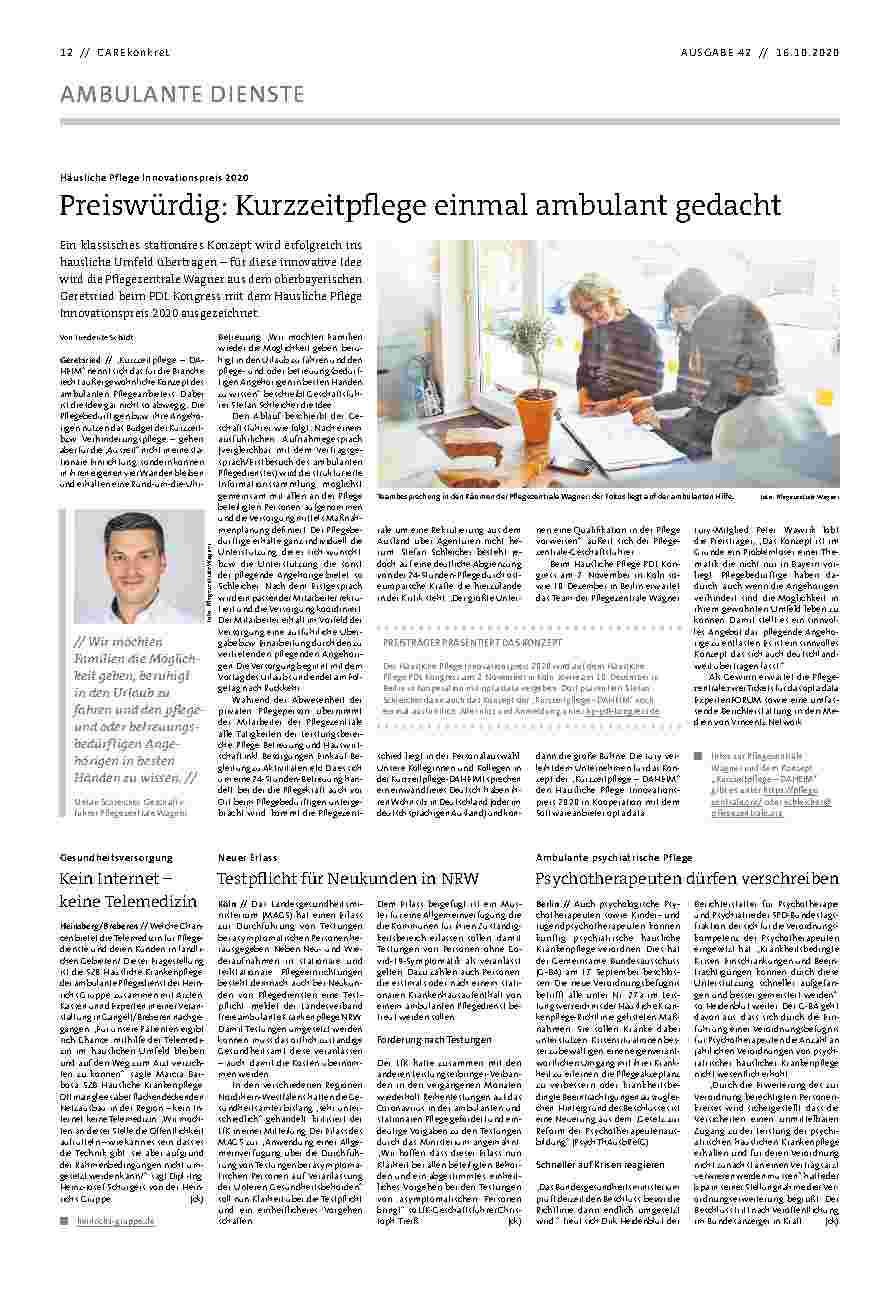 Vorschauseite 1: Preiswürdig: Kurzzeitpflege einmal ambulant gedacht