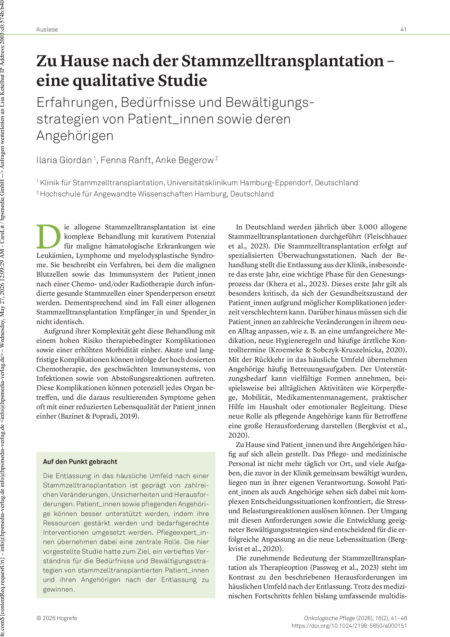 Vorschauseite 1: Zu Hause nach der Stammzelltransplantation – eine qualitative Studie