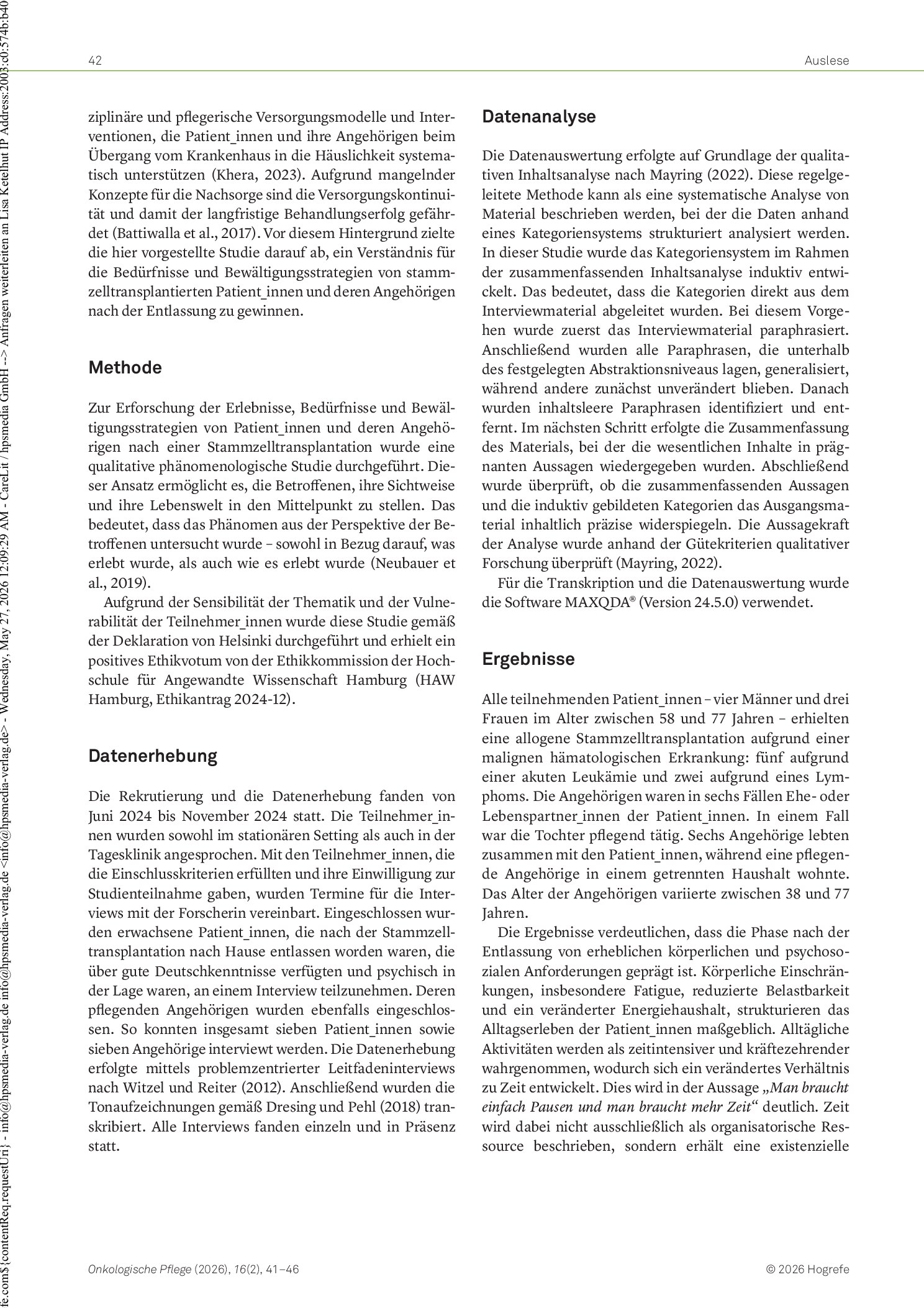Vorschauseite 2: Zu Hause nach der Stammzelltransplantation – eine qualitative Studie