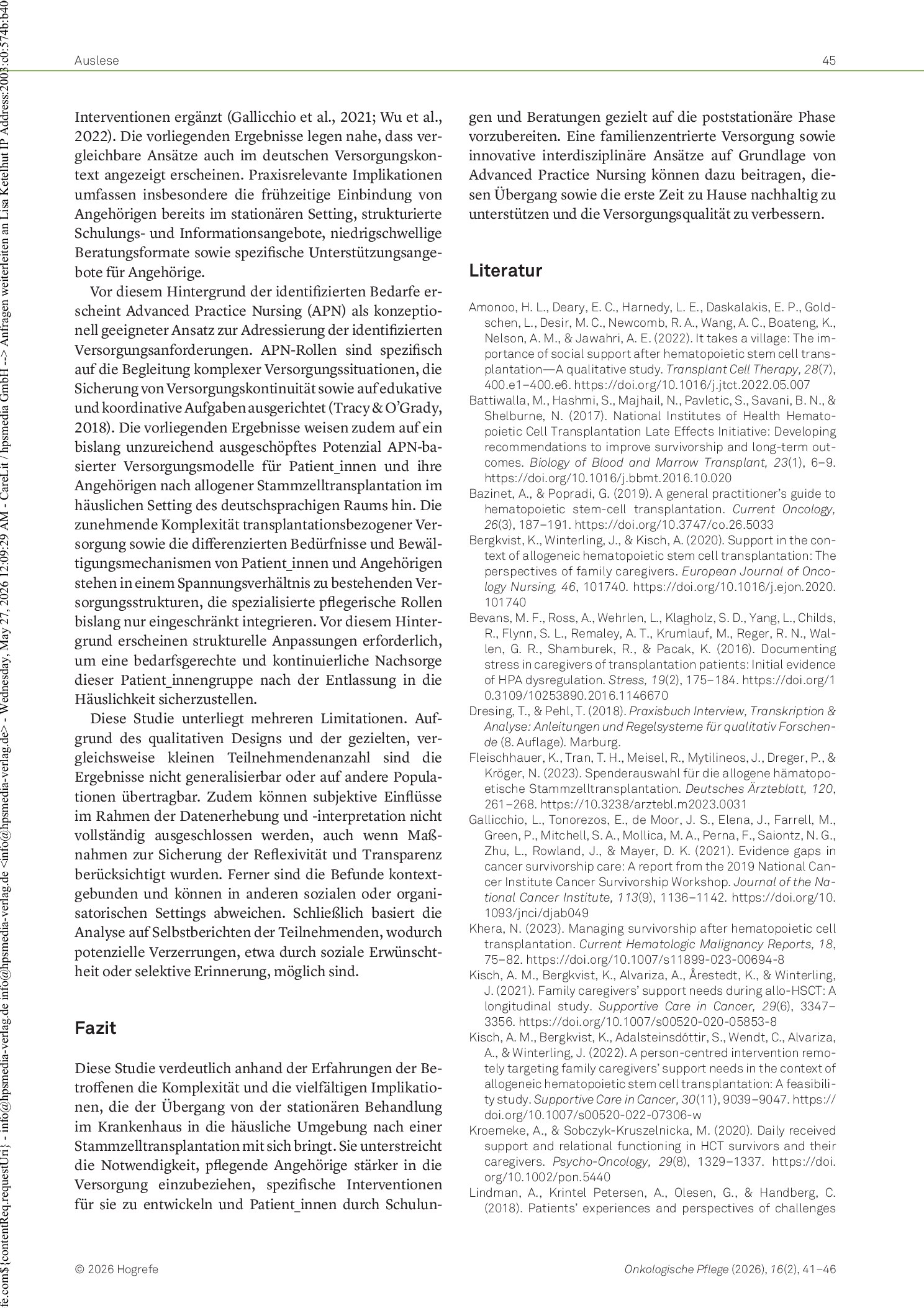 Vorschauseite 5: Zu Hause nach der Stammzelltransplantation – eine qualitative Studie