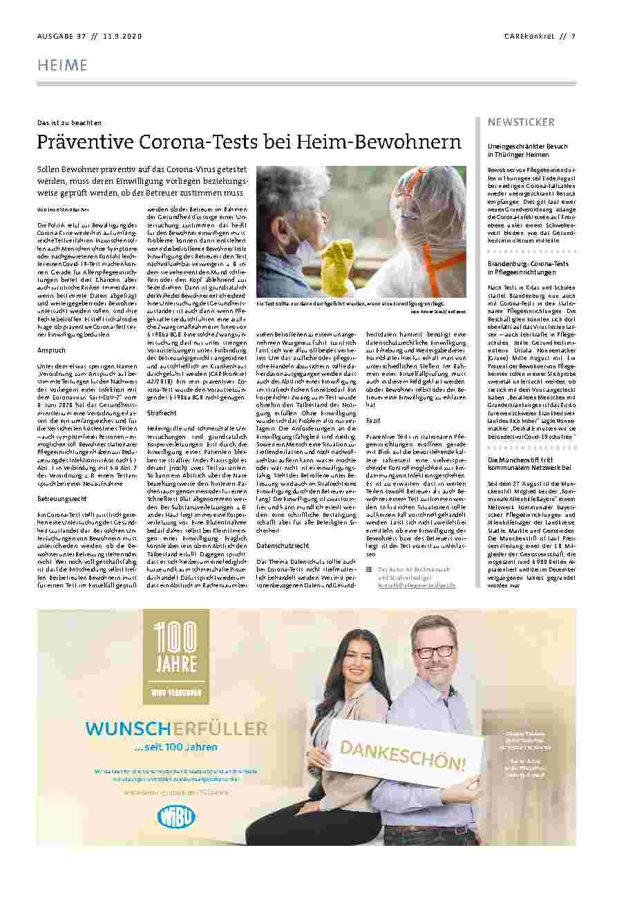 Vorschauseite 1: Präventive Corona-Tests bei Heimbewohnern