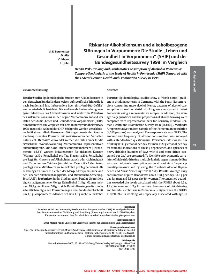 Vorschauseite 1: Riskanter Alkoholkonsum und alkoholbezogene Störungen in Vorpommern: Die Studie „Leben und Gesundheit in Vorpommern” (SHIP) und der Bundesgesundheitssurvey 1998 im Vergleich