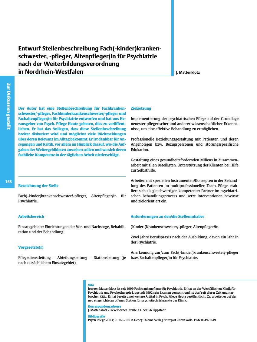 Vorschauseite 1: Entwurf Stellenbeschreibung Fach(-kinder)krankenschwester, -pfleger, Altenpfleger/in für Psychiatrie nach der Weiterbildungsverordnung in Nordrhein-Westfalen