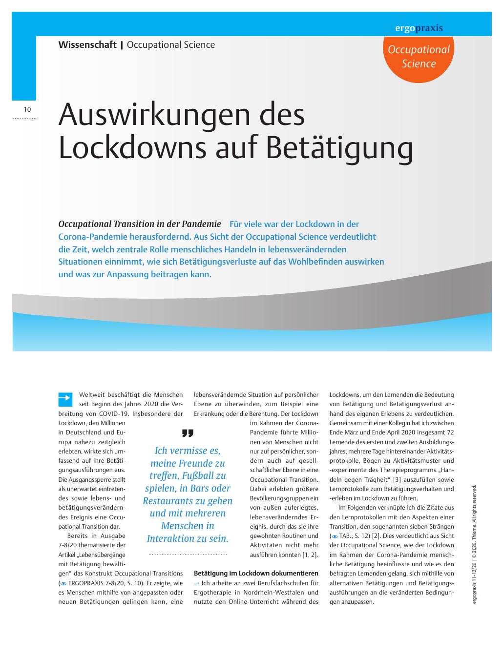 Vorschauseite 1: Auswirkungen des Lockdowns auf Betätigung - Occupational Transition in der Pandemie