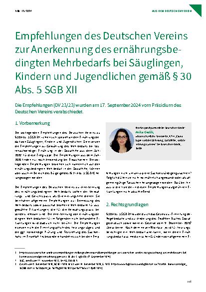 Vorschauseite 1: Empfehlungen des Deutschen Vereins zur Anerkennung des ernährungsbedingten Mehrbedarfs bei Säuglingen, Kindern und Jugendlichen gemäß § 30 Abs. 5 SGB XII