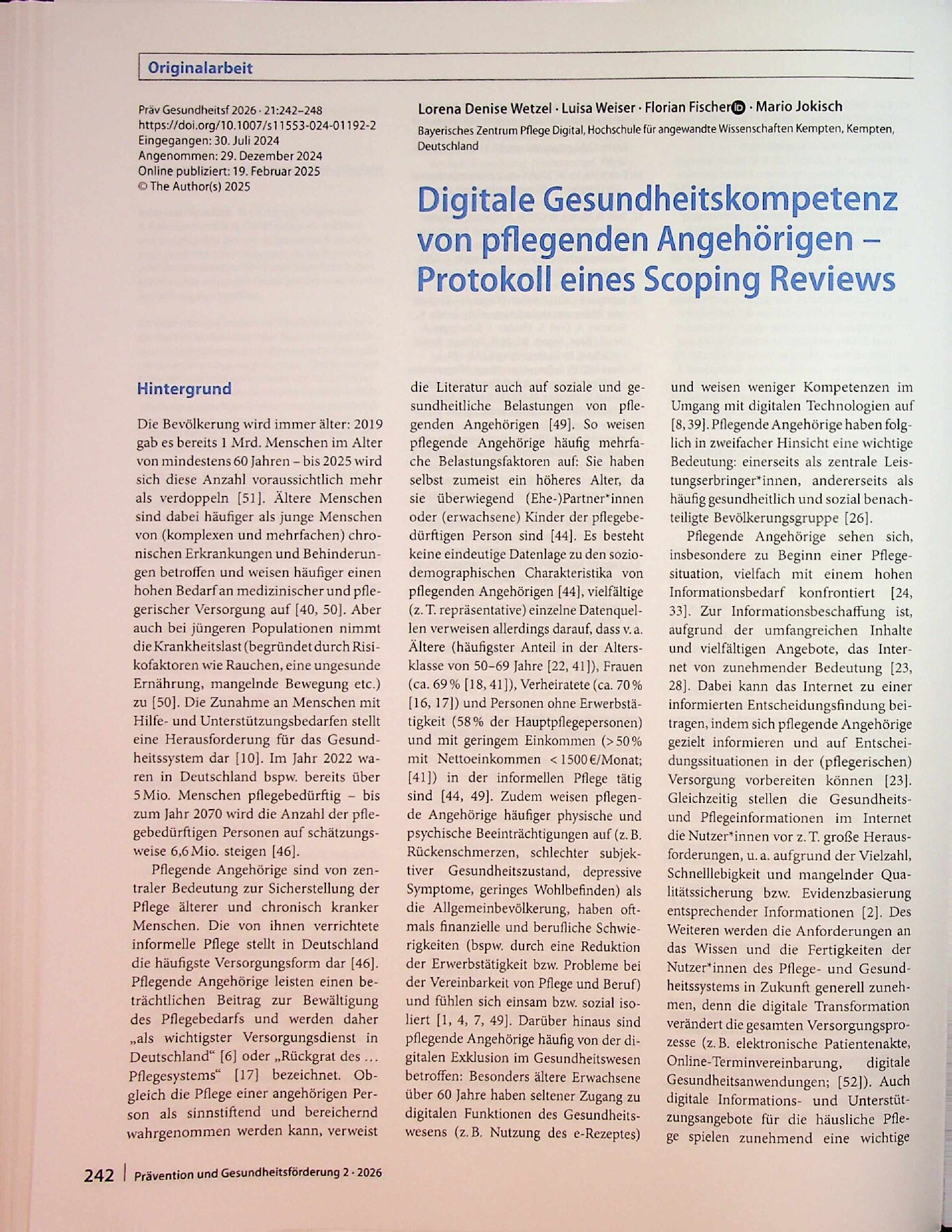 Vorschauseite 1: Digitale Gesundheitskompetenz von pflegenden Angehörigen – Protokoll eines Scoping Reviews