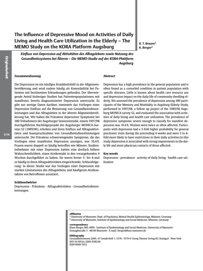 Vorschauseite 1: The Influence of Depressive Mood on Activities of Daily Living and Health Care Utilization in the Elderly - The MEMO Study on the KORA Platform Augsburg
