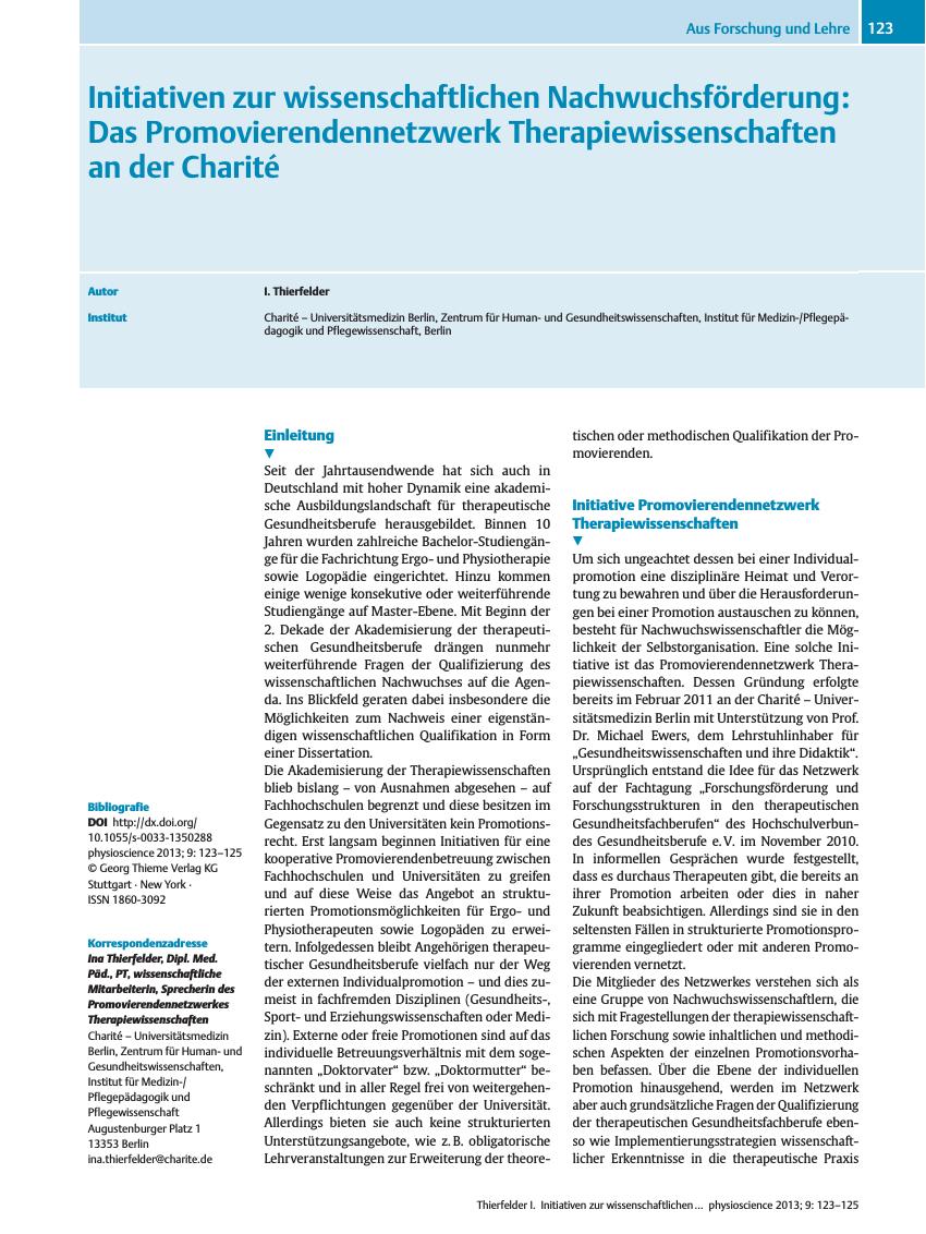 Vorschauseite 1: Initiativen zur wissenschaftlichen Nachwuchsförderung: Das Promovierendennetzwerk Therapiewissenschaften an der Charité