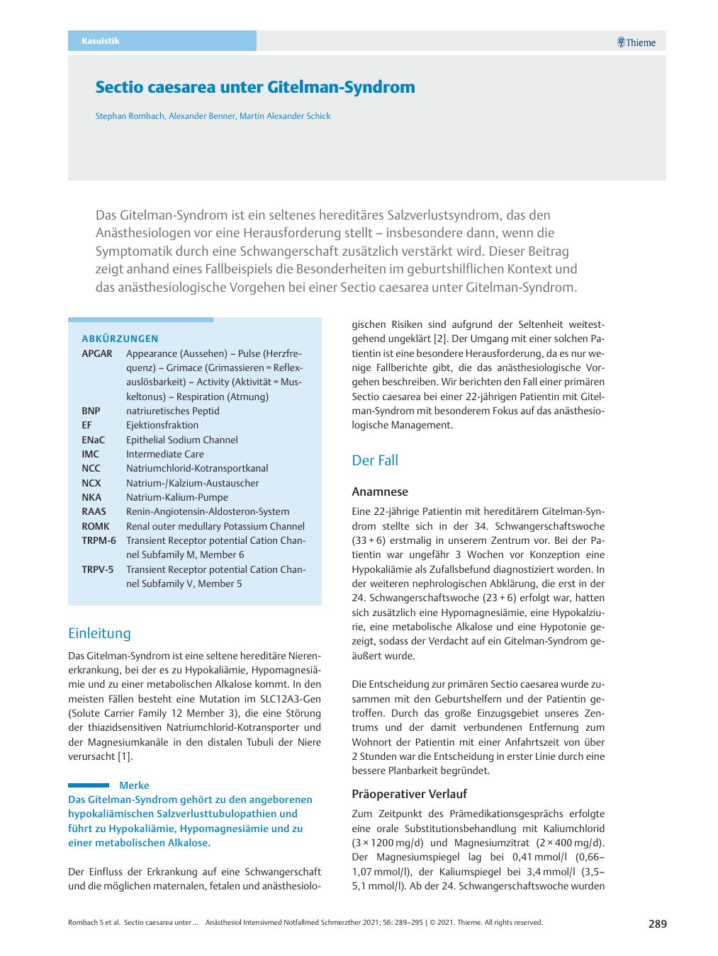 Vorschauseite 1: Sectio caesarea unter Gitelman-Syndrom