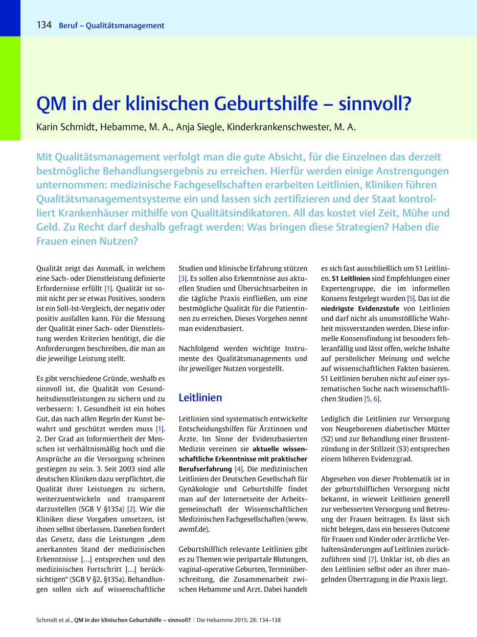 Vorschauseite 1: QM in der klinischen Geburtshilfe – sinnvoll?