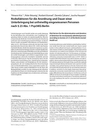 Vorschauseite 1: Risikofaktoren für die Anordnung und Dauer einer Unterbringung bei unfreiwillig eingewiesenen Personen nach § 23 Abs. 1 PsychKG Berlin