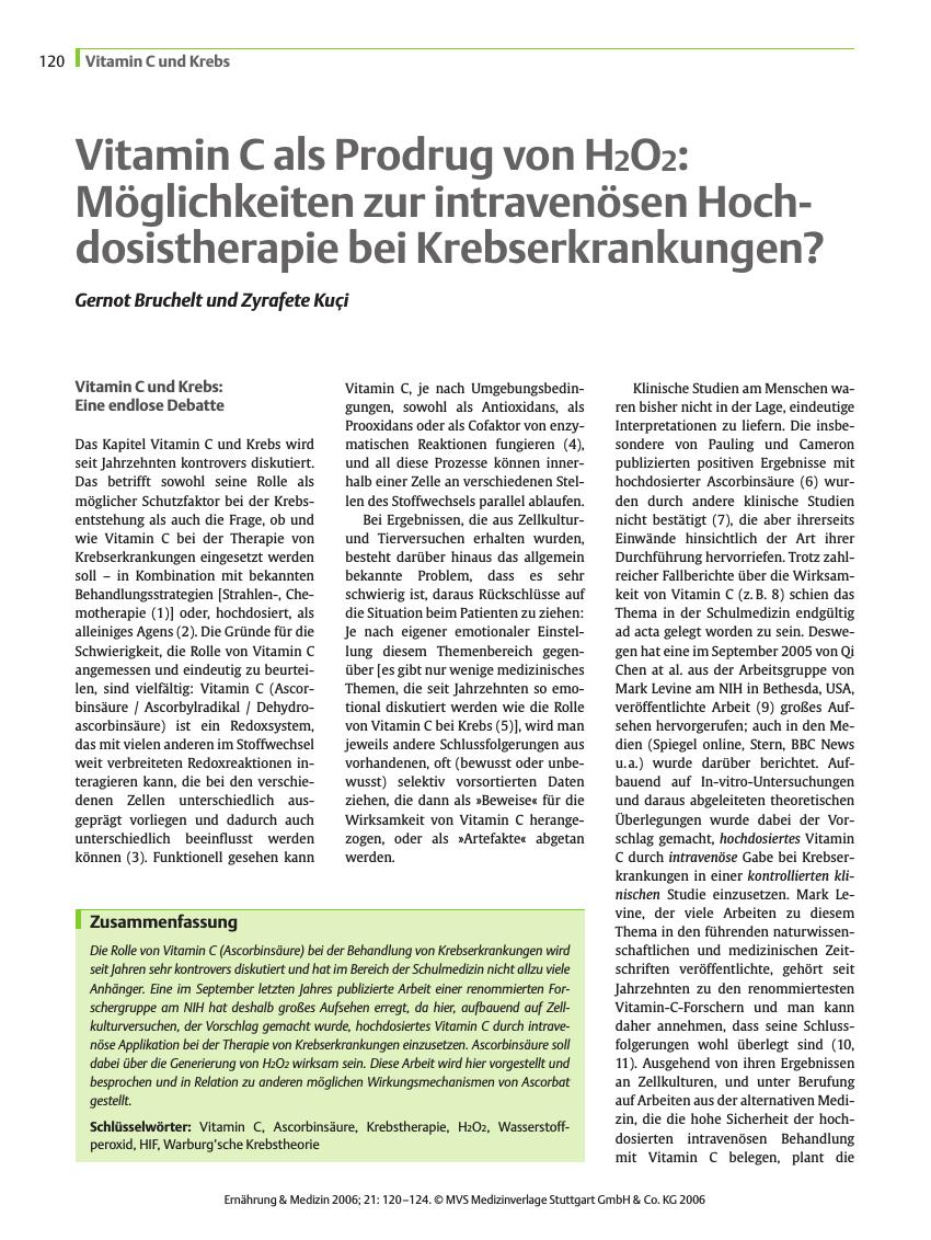 Vorschauseite 1: Vitamin C als Prodrug von H2O2: Möglichkeiten zur intravenösen Hochdosistherapie bei Krebserkrankungen?