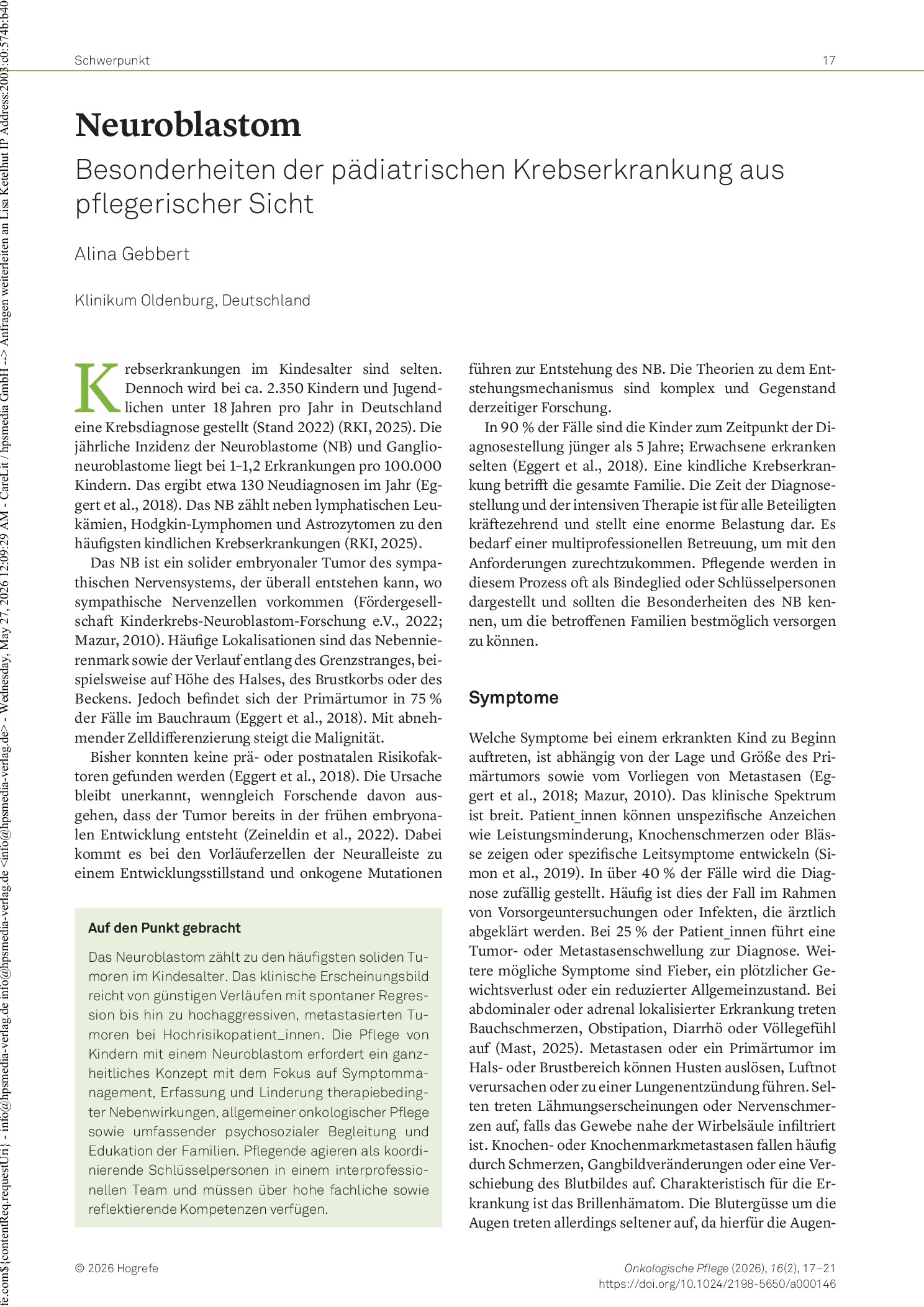 Vorschauseite 1: Neuroblastom. Besonderheiten der pädiatrischen Krebserkrankung aus pflegerischer Sicht