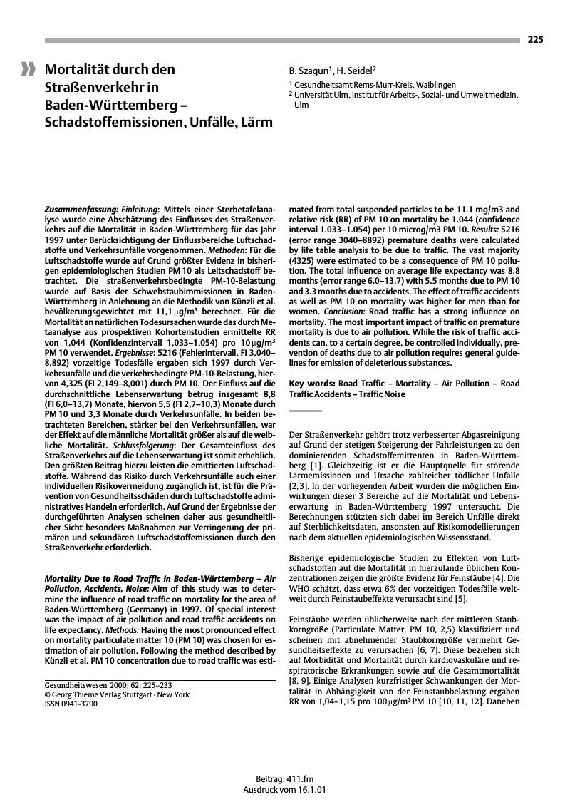 Vorschauseite 1: Mortalität durch den Straßenverkehr in Baden-Württemberg - Schadstoffemissionen, Unfälle, Lärm
