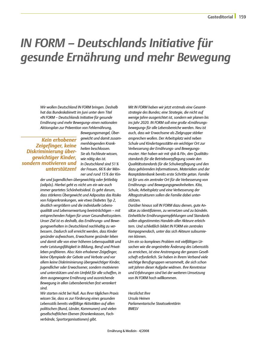 Vorschauseite 1: IN FORM – Deutschlands Initiative für gesunde Ernährung und mehr Bewegung