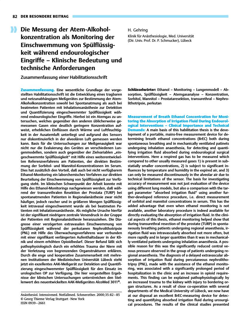 Vorschauseite 1: Die Messung der Atem-Alkohol-konzentration als Monitoring der Einschwemmung von Spülflüssigkeit während endourologischer Eingriffe - Klinische Bedeutung und technische Anforderung…