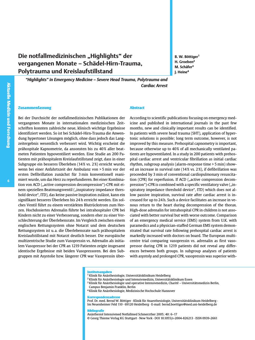 Vorschauseite 1: Die notfallmedizinischen „Highlights” der vergangenen Monate - Schädel-Hirn-Trauma, Polytrauma und Kreislaufstillstand