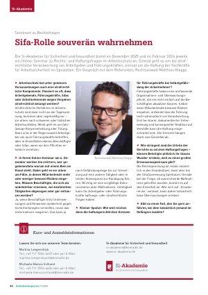 Vorschauseite 1: Seminare zu Rechtsfragen Sifa-Rolle souverän wahrnehmen