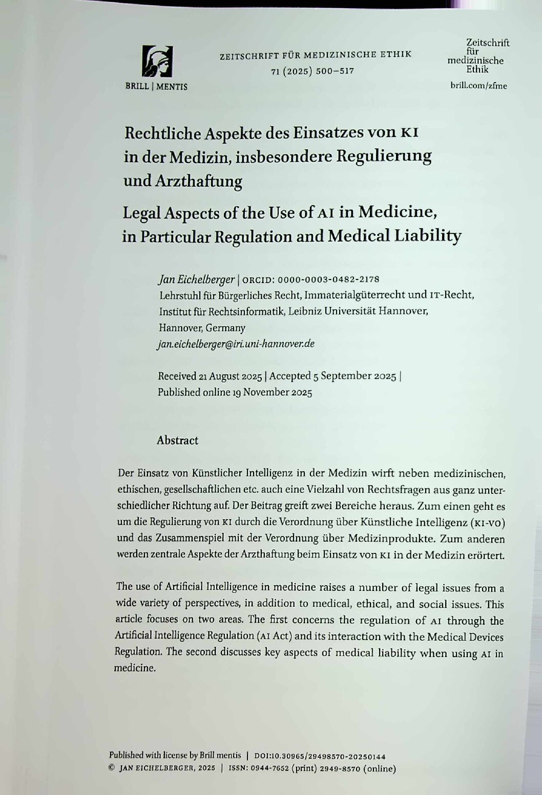 Vorschauseite 1: Rechtliche Aspekte des Einsatzes von KI in der Medizin, insbesondere Regulierung und Arzthaftung